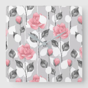 Horloge Carrée Gray and pink. Floral