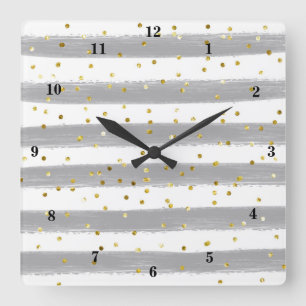 Horloge Carrée Gray moderne, White, Gold Stripes, Confeti Clock