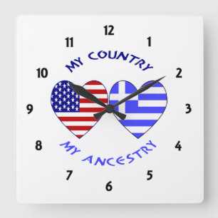 Horloge Carrée Grèce USA Drapeaux Coeurs Pays Ancêtre