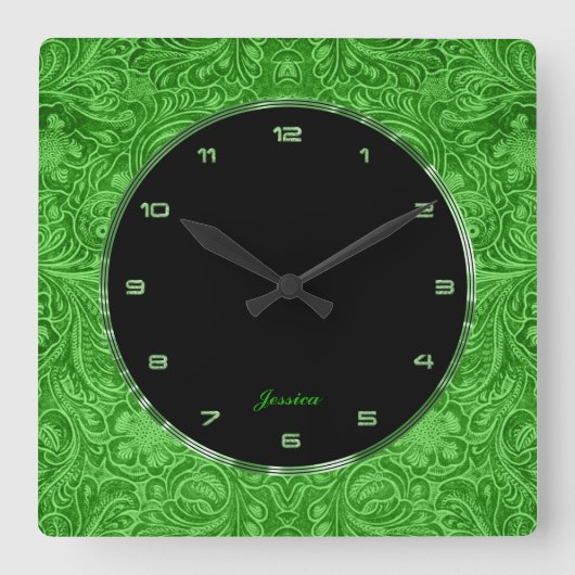 Horloge Carrée Green Floral Faux Leather Embossed (Recto)