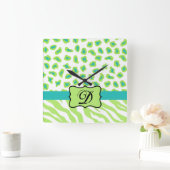 Horloge Carrée Green White Zebra Leopard Skin Monogram (Maison)