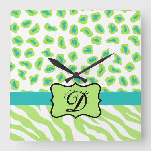 Horloge Carrée Green White Zebra Leopard Skin Monogram (Recto)