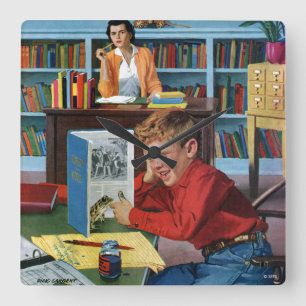 Horloge Carrée Grenouille dans la bibliothèque