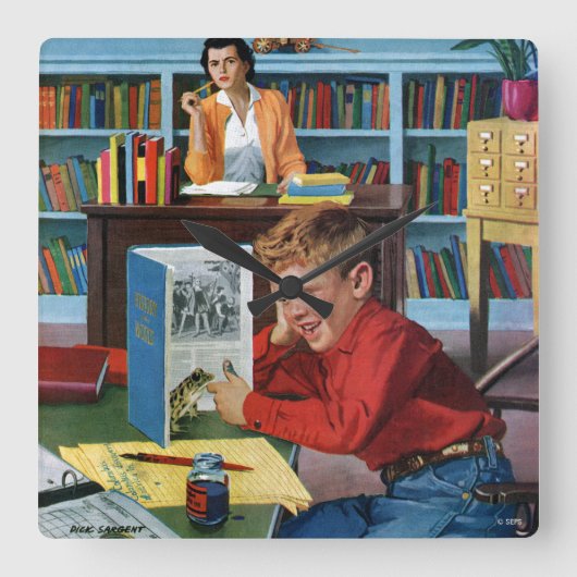 Horloge Carrée Grenouille dans la bibliothèque (Recto)