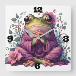 Horloge Carrée Grenouille Mignonne avec Fleurs