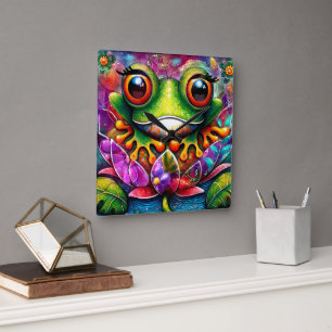 Horloge Carrée Grenouille Whimsical Peinture Abstraite Art Floral