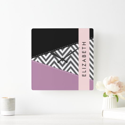 Horloge Carrée Grey Zigzag, Grey Chevron, Purple, Votre Nom (Maison)