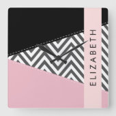 Horloge Carrée Grey Zigzag, Grey Chevron, Rose, Votre Nom (Recto)