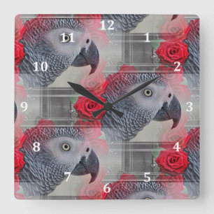 Horloge Carrée Gris africain rêveur avec les roses rouges