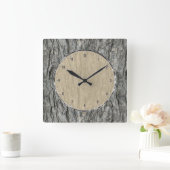 Horloge Carrée Gris écorce en bois rustique (Maison)