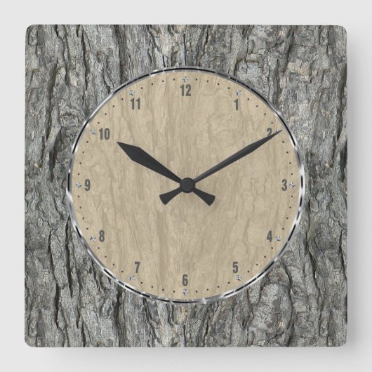 Horloge Carrée Gris écorce en bois rustique (Recto)