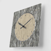 Horloge Carrée Gris écorce en bois rustique (Angle)