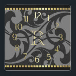 Horloge Carrée Gris Flourissant Design Gold Bordure avec Monogram<br><div class="desc">Gris Flourish Design Gold Bordure avec Monogrammes Designs par Umua. Imprimé et expédié par Zazzle ou ses partenaires.</div>