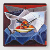 Horloge Carrée Gris - Fruits et livre (Recto)