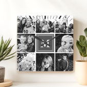 Horloge Carrée Gris Monogramme Famille Photo Collage
