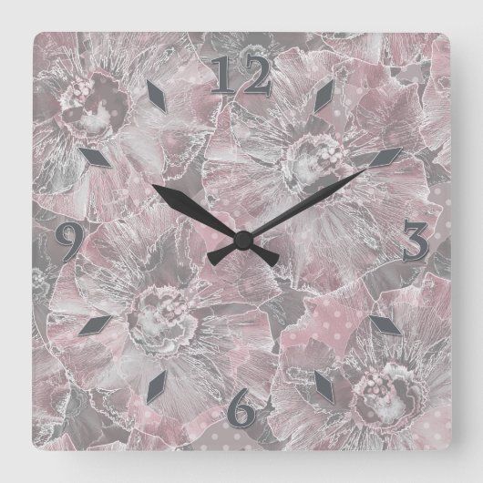 Horloge Carrée Gris rose, grandes fleurs design (Recto)