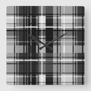 Horloge Carrée Grund Black Blanc Flannel Plaid Tartan Design