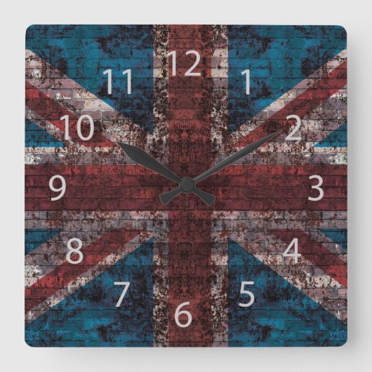 Horloge Carrée grunge Union Jack sur brique (Recto)