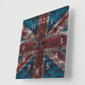 Horloge Carrée grunge Union Jack sur brique (Angle)