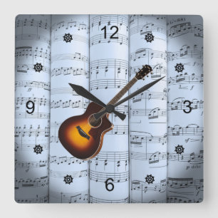Horloge Carrée Guitar ~ Rolled Sheet Music ~ Blue Tint Background