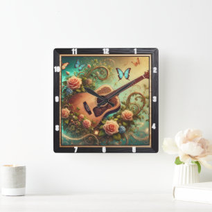 Horloge Carrée Guitare acoustique entourée de fleurs et de papill