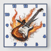 Horloge Carrée Guitare avec flammes et notes tourbillonnantes (Recto)