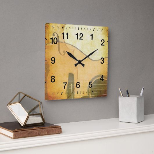 Horloge Carrée Guitare & Violon Soft Gold Image (Bureau)