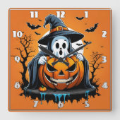 Horloge Carrée Halloween fantôme avec citrouille sous ciel éffray (Recto)