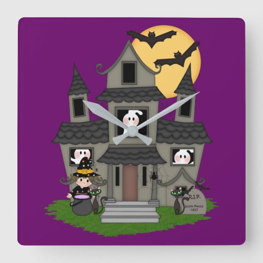 Horloge Carrée Halloween haunted house and little witch purple (Recto)