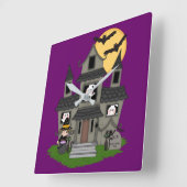 Horloge Carrée Halloween haunted house and little witch purple (Angle)