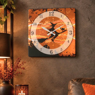 Horloge Carrée Halloween silhouette de sorcière volante artistiqu