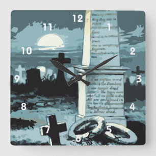 Horloge Carrée Halloween vintage, cimetière effrayant avec tombes