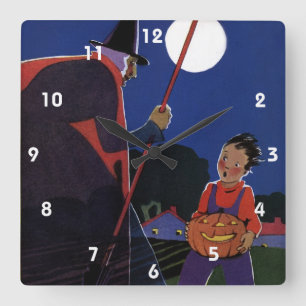 Horloge Carrée Halloween vintage, sorcière Déplaisante avec garço