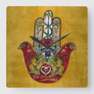 Horloge Carrée Hamsa Rouge Oiseau Cœur Grenade Rubis