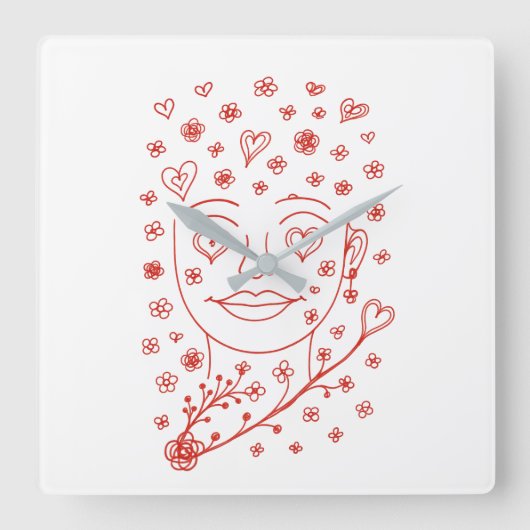Horloge Carrée Hand-Drawn Romantic Line Art Face with Hearts and (Recto)