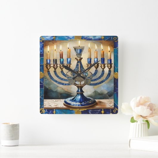 Horloge Carrée Hanoukka bleue Menorah (Maison)