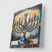 Horloge Carrée Hanoukka bleue Menorah (Angle)