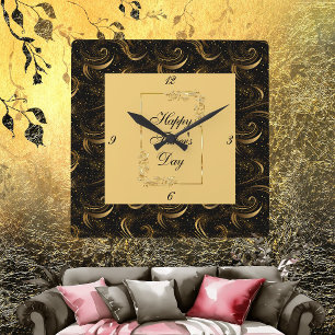 Horloge Carrée Happy Fête des pères Gold Calligraphy Black Swirls