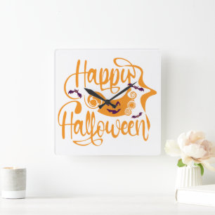 Horloge Carrée Happy Halloween chauves-souris Jack-o'-lantern