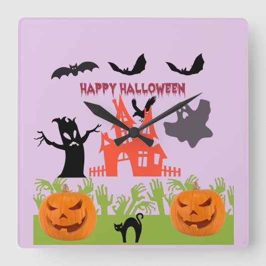 Horloge Carrée Happy Halloween Menancing Tree Bark, chauves-souri (Recto)