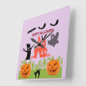 Horloge Carrée Happy Halloween Menancing Tree Bark, chauves-souri (Angle)