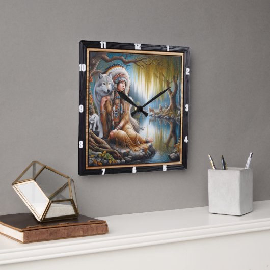 Horloge Carrée Harmonie amérindienne : l'embellie de Firelight (Bureau)