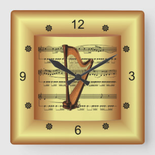 Horloge Carrée "Harp Curved Sheet Music Gold Background