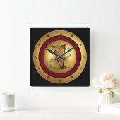 Horloge Carrée Harp~Scroll musical~Gold/Maroon/Arrière - plan noi (Maison)