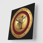 Horloge Carrée Harp~Scroll musical~Gold/Maroon/Arrière - plan noi (Angle)
