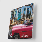 Horloge Carrée Havana Cuba Voiture rouge Vintage (Angle)