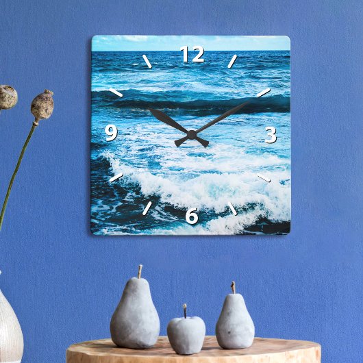 Horloge Carrée Hawaii bleu turquoise ondes océaniques gros plan p