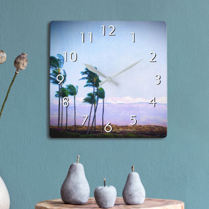 Horloge Carrée Hawaii Palm Tree Purple Paysage Photo Style