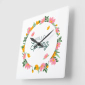Horloge Carrée Hello Spring Floral Wreath (Angle)