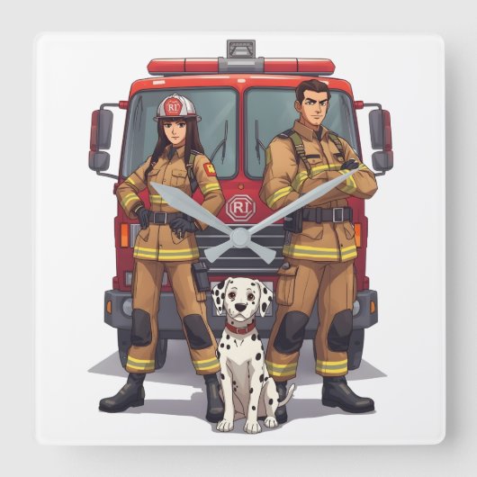 Horloge Carrée Heroic Firefighters & Dalmatian Wall Clock (Recto)